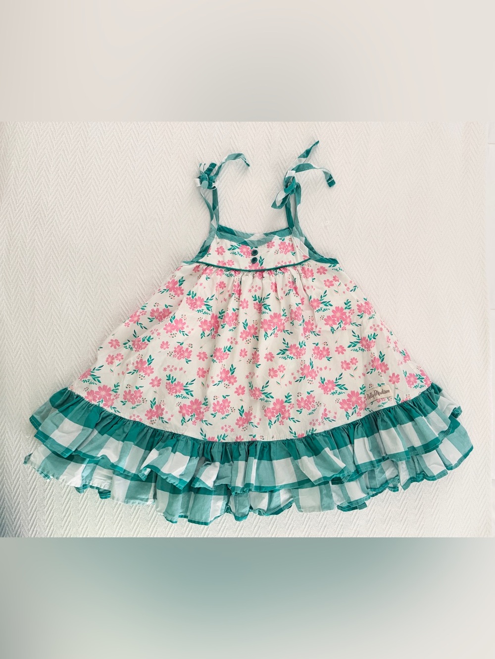 Girls Pink Floral Tie-Strap Sundress with Teal Trim